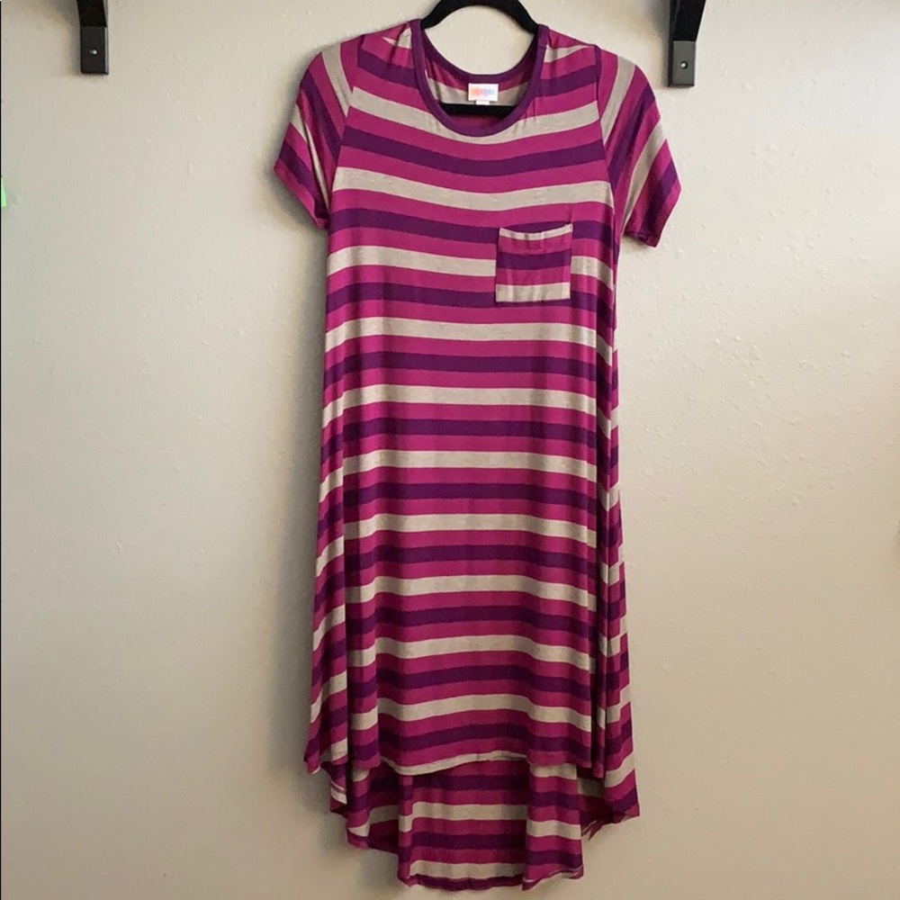 LuLaRoe Carly Dress in XS - Purple/Grey stripes
